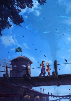 1boy 1girl absurdres blue_sky bridge closed_mouth commentary_request falling_leaves flag flagpole highres house in-universe_location leaf looking_at_another open_mouth outdoors ponaponyo pyra_(xenoblade) red_hair rex_(xenoblade) short_hair sky smile walking xenoblade_chronicles_(series) xenoblade_chronicles_2