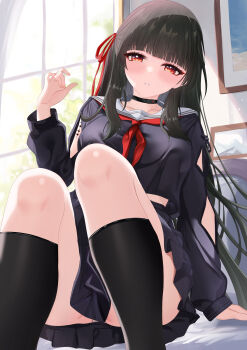 1girl absurdres arm_cutout arm_support black_choker black_hair black_serafuku black_shirt black_skirt black_socks blunt_bangs blush breasts cg_xiao_baishu chinese_commentary chisa_(wuthering_waves) choker clothing_cutout commentary_request hair_ribbon hand_up highres indoors knees_up large_breasts long_hair looking_at_viewer neckerchief orange_eyes panties panty_peek parted_lips partial_commentary red_neckerchief red_ribbon ribbon sailor_collar school_uniform serafuku shirt sitting skirt socks solo tacet_mark_(wuthering_waves) underwear white_sailor_collar window wuthering_waves