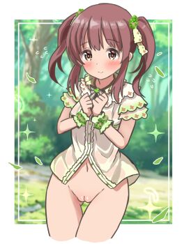absurdres black_bow black_bowtie blush bottomless bow bowtie brown_eyes brown_hair bush commentary_request cowboy_shot cropped_legs dress_shirt exhibitionism falling_leaves flying_sweatdrops gluteal_fold highres idolmaster idolmaster_cinderella_girls leaf looking_at_viewer medium_hair navel ogata_chieri ohana._(komachi) outdoors public_indecency pussy shirt short_sleeves short_twintails sidelocks smile sparkle standing stomach thigh_gap thighs tree twintails white_shirt wrist_cuffs