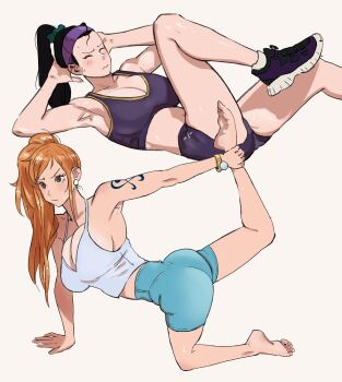 2girls absurdres ankle_hold armpits arms_behind_head ass barefoot black_hair blush bracelet breasts brown_hair cleavage closed_eyes exercising feet female_focus gym_shorts headband highres jewelry joy_boy_(jerrydurd) large_breasts long_hair lying multiple_girls nami_(one_piece) nico_robin on_back one_piece orange_hair ponytail shoes shorts side_ponytail sit-up sneakers stretching sweat tattoo toes white_background