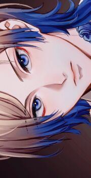 1boy blonde_hair blue_eyes blue_hair blue_lock close-up closed_mouth commentary_request eyeshadow gradient_hair highres kyul_gnsn long_hair looking_at_viewer makeup male_focus michael_kaiser multicolored_hair neck_tattoo red_eyeshadow solo tattoo two-tone_hair