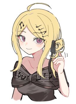 Rule 34 | 1girl, ahoge, akamatsu kaede, bare shoulders, black dress, blonde hair, breasts, commentary request, cropped torso, danganronpa (series), danganronpa v3: killing harmony, dress, fortissimo, hair bun, hair ornament, highres, large breasts, long hair, musical note, musical note hair ornament, official alternate costume, parted bangs, pink eyes, short sleeves, simple background, smile, solo, todoroki gk2, white background