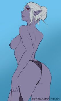 Rule 34 | 1girl, ass, baldur's gate, baldur's gate 3, bikini, bikini bottom only, black bikini, dark elf, dungeons & dragons, elf, highres, kalruna, minthara, pointy ears, swimsuit, topless female, unworn bikini top, white hair