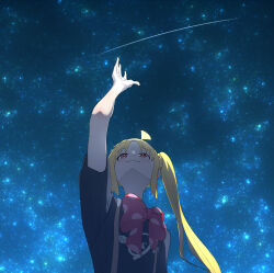 Rule 34 | 1girl, ahoge, arm up, blonde hair, blue shirt, blush, bocchi the rock!, bow, bowtie, commentary request, from below, hand up, highres, ijichi nijika, light blush, long hair, looking up, meteor, night, night sky, parted bangs, polka dot bowtie, red bow, red bowtie, red eyes, setsuna bluem34, shirt, side ponytail, sidelocks, sky, smile, solo, star (sky), starry sky, suspenders