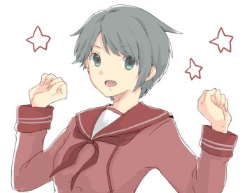 Rule 34 | 10s, 1girl, bad id, bad pixiv id, black hair, female focus, green eyes, green hair, hands up, hiki-wota, kantai collection, looking at viewer, matching hair/eyes, mogami (kancolle), neckerchief, open mouth, personification, sailor collar, school uniform, serafuku, short hair, simple background, sketch, solo, star (symbol), white background