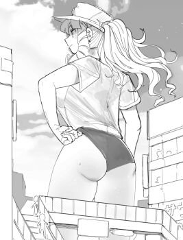 1girl adjusting_clothes ass giant giantess hat highres nikukaiq smile sweat sweatdrop tagme