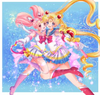 2girls :d absurdres artist_name back_bow bishoujo_senshi_sailor_moon bishoujo_senshi_sailor_moon_s bishoujo_senshi_sailor_moon_supers blonde_hair blue_background blue_eyes blue_sailor_collar boots bow brooch chibi_usa choker circlet commentary cone_hair_bun crescent crescent_earrings crystal_carillon double_bun earrings elbow_gloves english_commentary gloves hair_bun hair_ornament hand_on_another's_back heart heart_brooch heart_choker highres holding holding_wand jewelry knee_boots light_particles long_hair looking_at_viewer magical_girl medium_hair multicolored_skirt multiple_girls open_mouth pink_boots pink_bow pink_hair pink_sailor_collar pleated_skirt red_boots red_bow red_eyes sailor_chibi_moon sailor_collar sailor_moon sailor_senshi sailor_senshi_uniform skirt smile sparkle sparkle_background spiral_heart_moon_rod super_sailor_chibi_moon super_sailor_moon symmetry teruhii tsukino_usagi twintails wand white_gloves yellow_choker