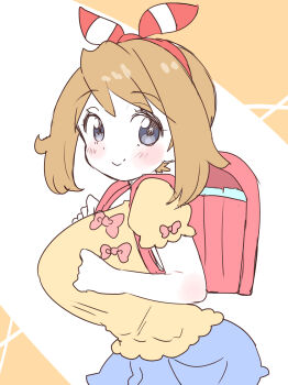 1girl backpack bag blue_eyes blue_shorts blue_skirt blush bow bow_hairband breasts brown_hair commentary_request grey_eyes hairband highres holding_strap huge_breasts large_breasts looking_at_viewer may_(pokemon) meunkoyomi nintendo oppai_loli pokemon pokemon_omega_ruby_and_alpha_sapphire randoseru ribbon shirt short_hair short_sleeves shorts skirt smile solo yellow_shirt