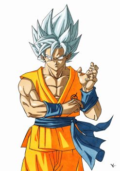 Rule 34 | 1boy, blue eyes, blue hair, blue sash, blue wrist cuffs, closed mouth, cowboy shot, dougi, dragon ball, dragon ball super, dragon ball z, dragon ball z fukkatsu no f, dragonball z, highres, kakeru (dbskakeru), male focus, muscular, muscular male, orange pants, orange tunic, pants, sash, simple background, smile, solo, son goku, super saiyan, super saiyan blue, tunic, white background, wrist cuffs