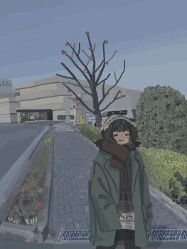 1girl artist_self-insert bare_tree beanie black_pantyhose blue_sky blush breath brown_hair building bush closed_eyes coat cowboy_shot day facing_viewer green_coat hat highres kyora-chan_(kyora_san) kyora_san long_sleeves open_clothes open_coat original outdoors pantyhose rectangular_mouth red_scarf road scarf short_hair sidewalk sky sleeves_past_fingers sleeves_past_wrists solo storm_drain tree winter