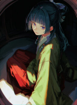 1girl 96yottea absurdres aoqun beads chinese_clothes freckles green_hair green_hanfu hair_beads hair_ornament half_updo hanfu highres kusuriya_no_hitorigoto light_smile long_hair looking_at_viewer maomao_(kusuriya_no_hitorigoto) purple_eyes sitting solo
