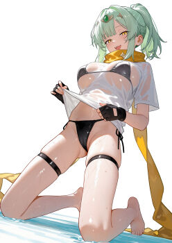 Rule 34 | 1girl, absurdres, barefoot, bikini, black bikini, black gloves, breasts, cameltoe, commission, eco 376124, fingerless gloves, full body, gloves, green hair, highres, indie virtual youtuber, kneeling, large breasts, looking at viewer, open mouth, orange eyes, orange scarf, pixiv commission, ponytail, scarf, shirt, side-tie bikini bottom, simple background, skindentation, solo, string bikini, swimsuit, thigh strap, toes, virtual youtuber, wet, wet clothes, wet shirt, white background, white shirt, yellow eyes, yuusha orin
