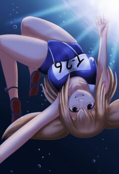 Rule 34 | 1girl, air bubble, blonde hair, blush, breasts, brown eyes, brown hair, bubble, chibiosaka, competition swimsuit, diving, freediving, hairband, highres, holding breath, i-26 (kancolle), kantai collection, large breasts, long hair, looking at viewer, name tag, new school swimsuit, ocean, one-piece swimsuit, open mouth, sailor collar, school swimsuit, short sleeves, smile, solo, submerged, sunlight, swimming, swimsuit, swimsuit under clothes, twintails, two-tone hairband, two side up, underwater, upside-down