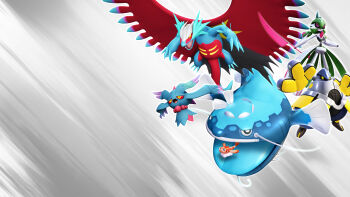 3d black_eyes blue_tongue bright_pupils claws colored_sclera colored_tongue commentary dondozo dragon english_commentary fang flutter_mane grey_hair highres holding holding_sword holding_weapon iron_hands_(pokemon) iron_valiant large_hands nintendo official_art open_mouth pink_eyes pokemon pokemon_(creature) pokemon_focus pokemon_sv rayman_limbs red_sclera roaring_moon robot sharp_teeth skin_fang slit_pupils smile sword tatsugiri tatsugiri_(curly) teeth third-party_source tongue ultimateinudog weapon white_pupils yellow_eyes