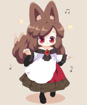 1girl :3 animal_ear_fluff animal_ears bebeneko black_boots blush boots brooch brown_hair closed_mouth commentary_request dress full_body grey_background highres imaizumi_kagerou jewelry long_hair long_sleeves musical_note off-shoulder_dress off_shoulder red_eyes simple_background smile solo standing tail touhou white_dress wolf_ears wolf_girl wolf_tail