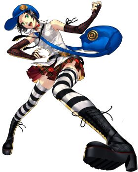 1girl absurdres bag black_hair black_necktie collar elbow_gloves full_body gloves green_eyes hat highres marie_(persona_4) necktie newsboy_cap official_art persona persona_4 persona_4:_dancing_all_night persona_4_the_golden persona_dancing plaid_clothes plaid_skirt short_hair shoulder_bag skirt soejima_shigenori solo striped_clothes striped_thighhighs thighhighs third-party_source transparent_background