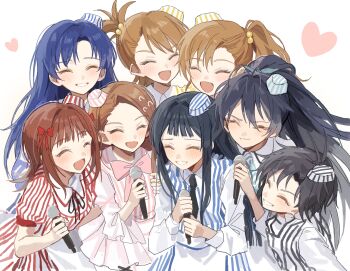 Rule 34 | 6+girls, :d, absurdres, amami haruka, antenna hair, black hair, blue hair, bow, bowtie, brown hair, closed eyes, futami ami, futami mami, ganaha hibiki, grin, hano9789, hat, heart, highres, idolmaster, idolmaster (classic), idolmaster million live!, kikuchi makoto, kisaragi chihaya, long hair, minase iori, mini hat, mogami shizuka, multiple girls, open mouth, pinstripe pattern, ponytail, side ponytail, simple background, smile, white background