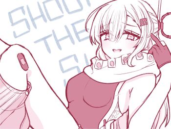 1girl bandaid bandaid_on_knee bandaid_on_leg blush breasts commentary_request eyelashes gloves hair_between_eyes hair_ornament headgear highres kantai_collection leg_warmers long_hair medium_breasts middle_finger monochrome nagi_kantai114 one-piece_swimsuit open_mouth partially_fingerless_gloves scarf simple_background solo swimsuit text_background wahoo_(kancolle) wahoo_kai_(kancolle)