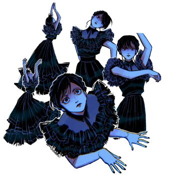 1girl absurdres arms_up artist_name black_dress black_hair closed_mouth collared_dress dress frilled_dress frills full_body head_tilt highres lemolunes long_dress multiple_views sidelocks solo swept_bangs the_addams_family upper_body wednesday_(netflix) wednesday_addams white_background