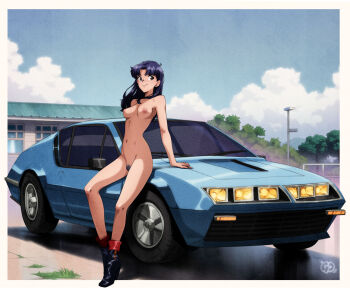 1girl absurdres alpine_a310 arm_support artist_logo blue_car blue_sky blush boots border breasts brown_eyes car cloud cloudy_sky cross cross_necklace day female_pubic_hair full_body gravydood high_heel_boots high_heels highres impossible_clothes jewelry katsuragi_misato large_areolae leaning_on_object legs logo long_hair medium_breasts motor_vehicle navel necklace neon_genesis_evangelion nude open_clothes outdoors parted_bangs pubic_hair purple_hair sky smile solo sports_car stomach tree variant_set vehicle_focus