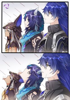 3boys animal_ears animal_hood arm_tattoo bat_ears blue_hair coat cyno_(genshin_impact) electro_symbol_(genshin_impact) empty_eyes facial_mark flins_(genshin_impact) from_side genshin_impact goku_and_vegeta_in_the_rain_(meme) grey_hair head_back highres hood hood_up long_hair male_focus meme momotomi000 multiple_boys open_mouth ororon_(genshin_impact) purple_hair rain scarf side-by-side tan tattoo tongue tongue_out upper_body water wet_face yellow_eyes