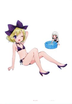 2girls absurdres ama-tou arm_up armpits ass bikini blonde_hair bow breasts elly_(tonari_no_kyuuketsuki-san) fang hair_bow high_heels highres knees legs loli looking_at_viewer multiple_girls navel one-piece_swimsuit one_eye_closed pendant_choker purple_eyes red_eyes side-tie_bikini_bottom small_breasts sophie_twilight stomach swimsuit thighs tonari_no_kyuuketsuki-san wading_pool white_hair