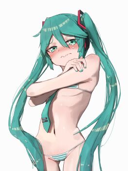 1girl bikini blue_bikini blue_eyes blue_hair blue_nails blue_necktie blush breasts commentary crying crying_with_eyes_open double-parted_bangs embarrassed eyes_visible_through_hair hair_between_eyes hair_ornament hatsune_miku highres kiiromaru loli long_hair looking_at_viewer micro_bikini navel necktie simple_background small_breasts solo striped_bikini striped_clothes swimsuit tears twintails very_long_hair vocaloid wavy_mouth white_background white_bikini
