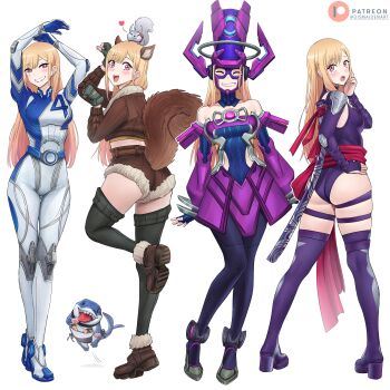 1girl absurdres animal animal_ears arms_up ass bikini blonde_hair blue_bodysuit bodysuit boots breasts brown_jacket brown_shorts closed_eyes commentary cosplay dismaiden ear_piercing english_commentary fantastic_four fingerless_gloves flower full_body galacta galacta_(cosplay) galacta_(marvel_rivals) gloves gradient_hair green_gloves green_thighhighs grin gyaru heart helmet highres jacket jeff_(marvel) kitagawa_marin leotard long_hair marvel marvel_rivals medium_breasts micro_shorts multicolored_bodysuit multicolored_hair multicolored_helmet multiple_views open_mouth patreon_logo patreon_username piercing pink_eyes pink_hair psylocke psylocke_(cosplay) psylocke_(marvel_rivals) psylocke_(vengeance) purple_flower purple_helmet purple_leotard shark shorts simple_background smile sono_bisque_doll_wa_koi_wo_suru squirrel squirrel_ears squirrel_girl_(marvel) squirrel_girl_(marvel)_(cosplay) squirrel_girl_(marvel_rivals) squirrel_tail standing standing_on_one_leg sue_storm sue_storm_(cosplay) swimsuit tail teeth thigh_boots thigh_strap thighhighs two-tone_bodysuit white_background white_bodysuit x-men