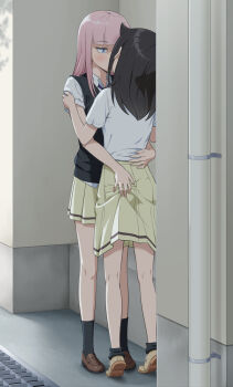 2girls absurdres arm_around_waist black_hair black_socks black_sweater_vest blue_eyes blunt_bangs brown_shoes collared_shirt commentary_request from_behind grabbing_another&#039;s_ass groping hand_on_another&#039;s_arm hand_up height_difference highres ichikawa_masahiro implied_kiss katou_asuka kiss kuroki_tomoko loafers long_hair long_skirt looking_at_another miniskirt multiple_girls necktie pink_hair pleated_skirt purple_necktie school_uniform shirt shirt_tucked_in shoes short_sleeves sidelocks skirt socks standing sweater_vest tiptoe_kiss tiptoes untucked_shirt watashi_ga_motenai_no_wa_dou_kangaetemo_omaera_ga_warui! white_shirt yellow_skirt yuri