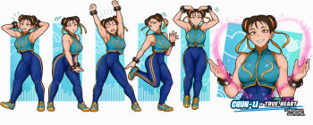 1girl arms_up biceps bracelet brown_hair capcom character_name chun-li dancing double_bun fortnite full_body hair_bun hair_ribbon heart hershuar highres looking_at_viewer muscular muscular_female ribbon sequential shoes sleeveless sneakers solo street_fighter studded_bracelet
