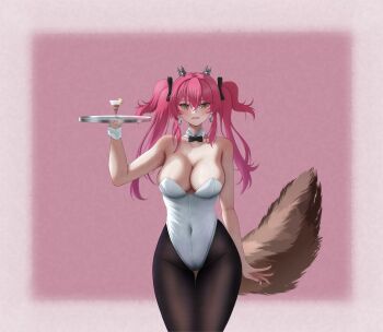 1girl absurdres bare_shoulders black_pantyhose black_ribbon blush border bow bowtie breasts brown_tail cleavage collar commentary covered_navel detached_collar drink earrings glass hair_intakes hair_ribbon highres holding holding_tray jewelry large_breasts leotard long_hair looking_at_viewer lupa_(wuthering_waves) pantyhose pink_background pink_hair pink_lips pink_nails red_pupils ribbon smile solo strapless strapless_leotard tail teeth thighs tray white_border white_collar white_leotard wolf_girl wolf_tail wuthering_waves yellow_eyes yozeiart