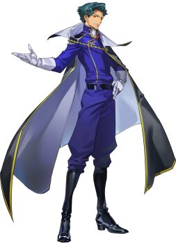 1boy arm_at_side ascot belt black_boots black_cape blue_hair blue_jacket blue_pants boots cape closed_mouth code_geass code_geass:_genesic_re;code cowboy_shot forehead from_above full_body furrowed_brow gem gloves happy highres jacket jeremiah_gottwald lapel_pin long_sleeves looking_at_viewer male_focus military_uniform official_art orange_eyes pants purple_gemstone short_hair simple_background smile solo standing transparent_background v-shaped_eyebrows walking white_ascot white_gloves