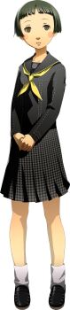 1girl absurdres black_hair black_shoes blush brown_eyes full_body highres long_image matsunaga_ayane official_art persona persona_4 photoshop_(medium) school_uniform shoes short_hair skirt socks soejima_shigenori solo standing tall_image third-party_source transparent_background white_socks yasogami_school_uniform