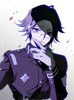 1boy aotsuki_eito bleeding blood blood_on_clothes blood_on_face blood_on_gloves blood_on_hands blood_splatter blue_eyes eyebrows eyelashes glasses gloves gradient_background grey_background grey_hair hand_up highres last_defense_academy_school_uniform long_sleeves male_focus nosebleed simple_background solo solo_focus the_hundred_line_-last_defense_academy- upper_body white_background white_gloves