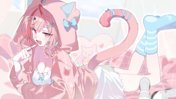 1girl ahoge animal_hood animal_print blue_bow blue_ribbon blue_socks blush bow braid braided_hair_rings breasts camisole cat_girl cat_hair_ornament cat_hood cat_print cat_tail cleavage commentary fang fingernails hair_ornament hair_rings hairclip hood hoodie indie_virtual_youtuber large_breasts long_hair long_sleeves looking_at_viewer lying maid_headdress multicolored_hair nail_polish on_stomach open_mouth paw_shoes pink_eyes pink_hair pink_hoodie pink_nails pink_tail red_hair ribbon shoes skin_fang smile socks solo star_(symbol) star_hair_ornament stemiomio streaked_hair symbol-only_commentary tail tail_ornament tail_ribbon thighs two-tone_hair unworn_shoes virtual_youtuber white_camisole white_shoes yuuki_sakuna