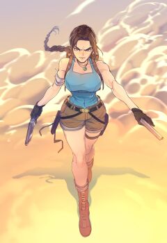 1girl absurdres backpack bag blue_tank_top boots braid braided_ponytail breasts brown_boots brown_eyes brown_gloves brown_hair commentary_request dual_wielding earrings full_body furrowed_brow gloves gun handgun highres holding holding_gun holding_weapon holster jewelry lara_croft large_breasts light_smile shore short_shorts shorts single_braid smile solkorra solo spanish_commentary tank_top thigh_strap tomb_raider weapon