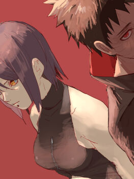 1boy 1girl akatsuki_(naruto) akatsuki_uniform bare_shoulders black_hair breasts dress highres konan_(naruto) meitarou naruto_(series) naruto_shippuuden orange_eyes piercing purple_hair red_background scar scar_on_face sharingan short_hair sleeveless spiked_hair uchiha_obito zipper_pull_tab
