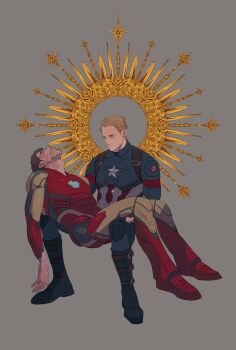 2boys animification arc_reactor armor avengers:_endgame avengers_(series) blonde_hair blue_bodysuit blue_footwear bodysuit boots brown_hair captain_america carrying closed_eyes closed_mouth death facial_hair fine_art_parody full_armor grey_armor grey_background halo halo_behind_head iron_man male_focus mandarin_collar marvel marvel multicolored_armor multiple_boys parody pieta power_armor princess_carry r_rrrrrrrrr red_armor short_hair sitting star_(symbol) steve_rogers striped_bodysuit superhero_costume tony_stark yellow_armor