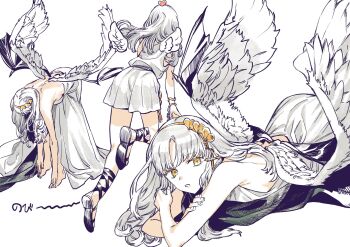 1girl angel angel_wings bare_arms bare_back bare_shoulders barefoot bent_over black_wings breasts caren_hortensia caren_hortensia_(amor_caren)_(first_ascension) caren_hortensia_(calling_agape) commentary_request demon_wings dress fate/grand_order fate_(series) feathered_wings full_body gladiator_sandals gold_hairband hairband highres limited_palette long_hair lying multiple_views multiple_wings noko_morokoshi on_stomach parted_bangs sandals sideboob simple_background wavy_hair white_background white_dress white_hair white_wings wings yellow_eyes