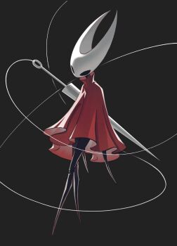 1girl black_background black_eyes black_skin cloak colored_skin commentary frostedmirror hashtag-only_commentary highres hollow_eyes hollow_knight hollow_knight:_silksong hornet_(hollow_knight) needle_(hollow_knight) red_cloak simple_background solo standing string weapon