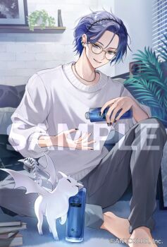 1boy barefoot bat_wings blue_eyes blue_hair blurry blurry_background cat earrings glasses hairband indoors jewelry koyanagi_rou looking_down male_focus nail_polish naruka_(ynarukay) nijisanji official_art otomo_(koyanagi_rou) pants sample_watermark shirt short_hair sitting smile solo virtual_youtuber watermark white_cat white_shirt winged_animal wings yellow-framed_eyewear