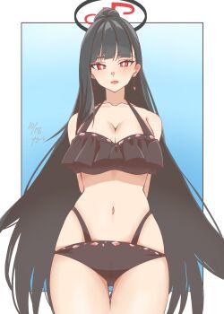 1girl :d absurdres arms_behind_back bare_shoulders bikini black_bikini black_hair blue_archive blunt_bangs blush breasts cleavage commentary_request cosplay earrings halo highres jewelry kyoshinsya_ysis large_breasts long_hair looking_at_viewer lynn_(voice_actor) maruzensky_(hot_summer_night)_(umamusume) maruzensky_(umamusume) maruzensky_(umamusume)_(cosplay) navel open_mouth red_eyes rio_(blue_archive) smile solo swimsuit umamusume voice_actor_connection