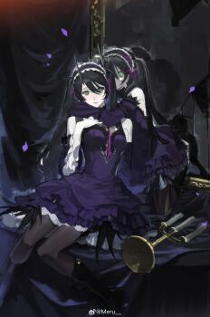 1girl absurdres black_boots black_hair black_hairband black_pantyhose boots candlestand chinese_commentary commentary curtains dress dual_persona frilled_dress frilled_hairband frills girls&#039;_frontline girls&#039;_frontline_2:_exilium glowing glowing_eyes green_eyes hair_between_eyes hairband hand_on_own_chest highres horns hug hug_from_behind knee_boots looking_at_viewer meru02295238 pale_skin pantyhose petticoat phaetusa_(girls&#039;_frontline_2) purple_dress single_horn sitting smile through_medium twintails wide_sleeves