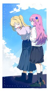 2girls :d ^_^ ahoge black_boots black_skirt black_socks blonde_hair blue_skirt blue_sky blush bocchi_the_rock! boots border brown_shoes closed_eyes closed_mouth cloud commentary cube_hair_ornament day frown full_body gotoh_hitori hair_between_eyes hair_ornament hair_over_shoulder hand_up highres ijichi_nijika kneehighs leaning_forward loafers long_hair long_skirt long_sleeves looking_at_another medium_skirt multiple_girls mydandeliongirl one_side_up open_mouth outdoors pink_hair pleated_skirt profile shirt shoes side_ponytail sidelocks skirt sky smile socks sparkle standing sweatdrop untranslatable_commentary white_border white_shirt