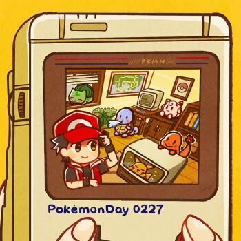 1boy 1other animated baseball_cap black_hair black_shirt blush bulbasaur charmander clefairy closed_mouth computer doll enayacomic gen_1_pokemon handheld_game_console hat holding holding_handheld_game_console indoors kanto_map looping_animation map nintendo open_clothes open_vest pikachu poke_ball poke_ball_(basic) pokemon pokemon_(creature) pokemon_day pokemon_firered_and_leafgreen pov pov_hands red_(pokemon) red_hat red_vest shirt short_hair short_sleeves smile sparkle squirtle starter_pokemon_trio television upper_body vest video wristband