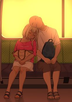 1boy 1girl bag blonde_hair closed_eyes daipunch dark-skinned_female dark_skin drooling galzaki-san_(daipunch) handbag highres kimomura_(daipunch) long_hair mob_face original sandals shorts sitting sleeping sleeping_on_person sunset train_interior