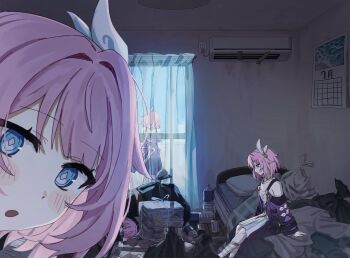 1girl :o air_conditioner bare_shoulders bed_sheet blue_eyes bottle breasts calendar_(object) can coat curtains cyrene_(honkai:_star_rail) dress drink_can highres honkai:_star_rail honkai_(series) indoors jewelry looking_at_viewer messy_room necklace newspaper_stack nijikun on_bed pink_hair pink_pupils purple_coat short_hair sitting small_breasts smile trash_bag white_dress