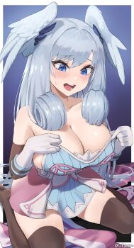 1girl alternate_breast_size_(larger) alternate_hairstyle blue_eyes breasts clothes curly_hair dress gloves head_wings highres huge_breasts jtveemo long_hair melia_antiqua official_alternate_hairstyle open_mouth short_dress solo thighhighs tight_clothes tongue white_gloves wings xenoblade_chronicles_(series) xenoblade_chronicles_1 xenoblade_chronicles_3