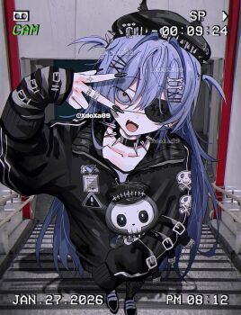 1girl arm_up artist_name beret black_jacket black_nails black_pants blue_eyes blue_hair bone_hair_ornament choker commentary dated eyepatch foreshortening full_body hair_between_eyes hair_ornament hairclip hat highres jacket jewelry multiple_rings on_stairs open_mouth original pants pierced_hat print_jacket punk railing ring single_sleeve_past_fingers single_sleeve_past_wrist smile spiked_choker spikes stairs standing stone_stairs stuffed_toy symbol-only_commentary two_side_up v xdoxa89