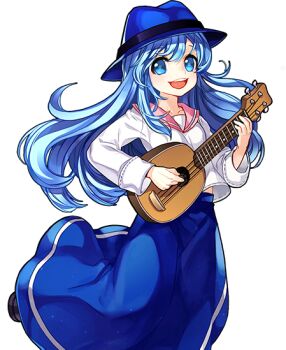 1girl alpha_transparency artist_request black_shoes blouse blue_eyes blue_hat blue_pupils blue_skirt breasts collarbone collared_shirt fedora floating_hair hair_between_eyes hat holding holding_instrument instrument light_blush long_hair long_skirt long_sleeves lorna lute_(instrument) mabinogi music nexon official_art open_mouth pink_sailor_collar playing_instrument sailor_collar second-party_source shirt shoes simple_background single_sidelock skirt sleeve_cuffs small_breasts solo straight_hair teeth tongue transparent_background upper_teeth_only very_long_hair white_shirt